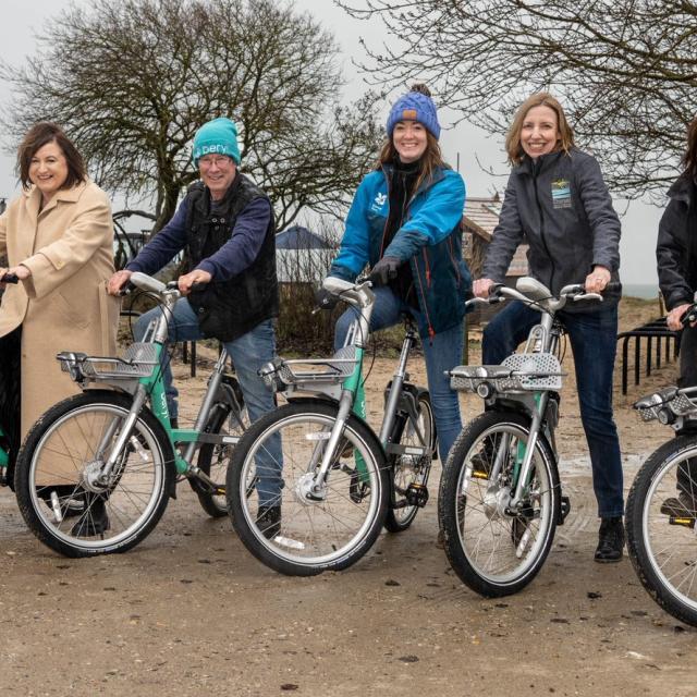 Beryl and National Trust representatives launch the new bike share extension to Studland