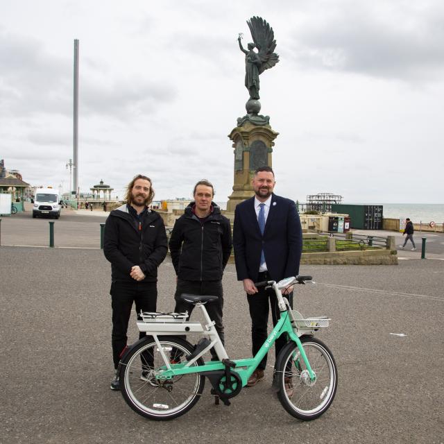 Beryl CEO Phil Ellis, Councillor Jamie Lloyd, Council Leader Phélim Mac Cafferty launch the Beryl BTN Bikes scheme