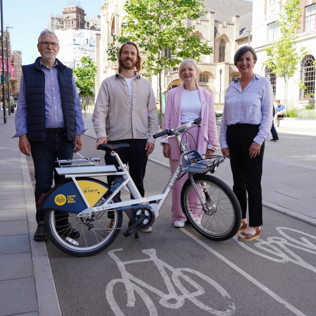 Caption (L-R): David Miller from Leeds Cycling Campaign; Philip Ellis, CEO of Beryl; Tracy Brabin, Mayor of West Yorkshire; and Cllr Helen Hayden, Executive Member for Infrastructure and Climate at Leeds City Council.